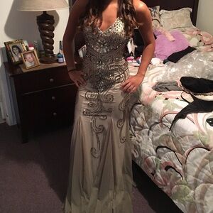 Sean Collection Champagne Beaded Prom Dress